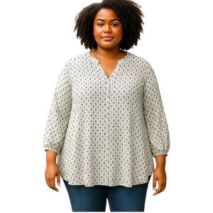 Adrianna Papell Floral Blouse Black White 3XL Balloon Sleeve Flowy Relaxed Fit